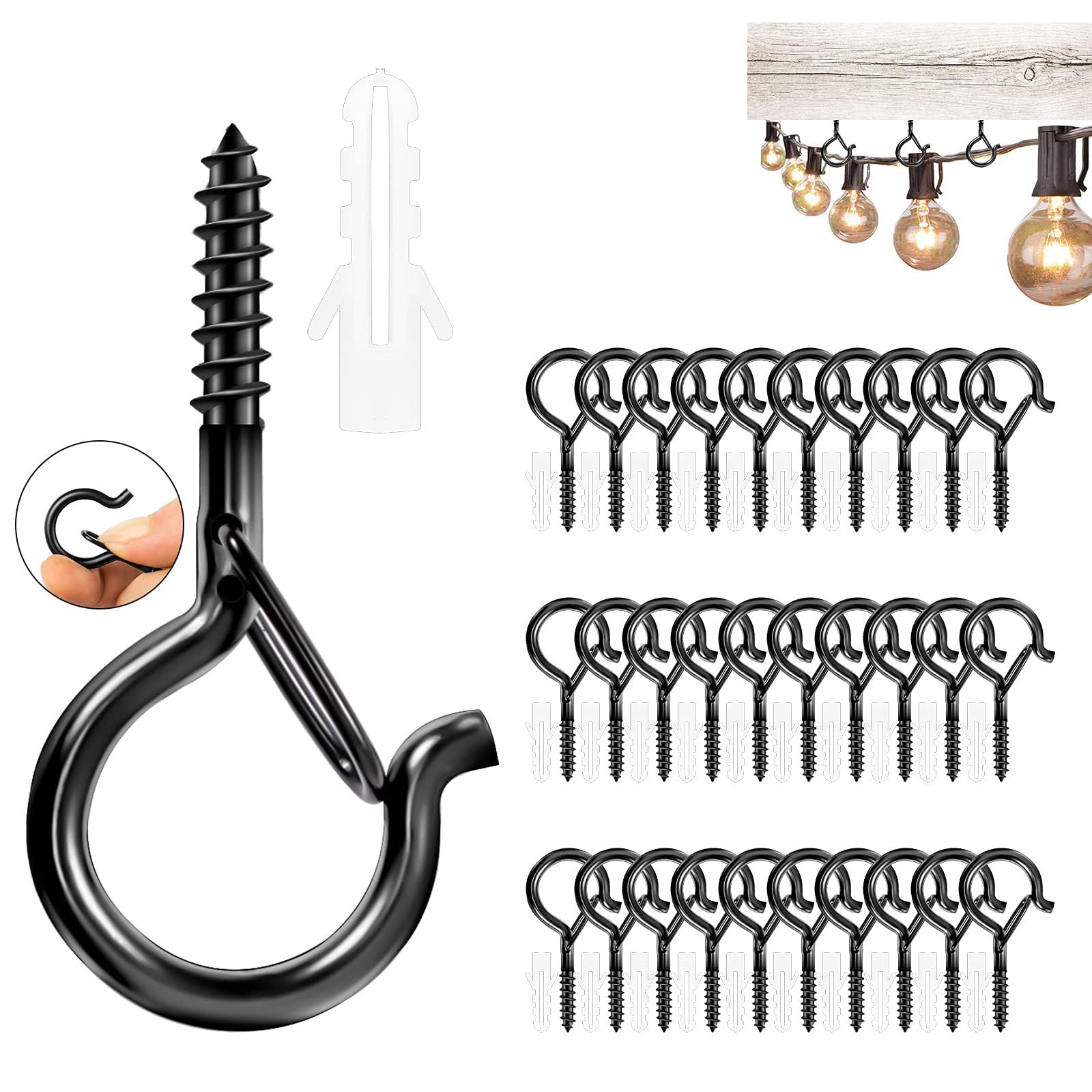 WOGII30 Pack Q Hanger Hooks With Safety Buckle, Windproof Screw Hooks for Hanging Outdoor String Lights, Ceiling Hooks for Plants, Christmas & Patio Lights, Cups, 2.2 in