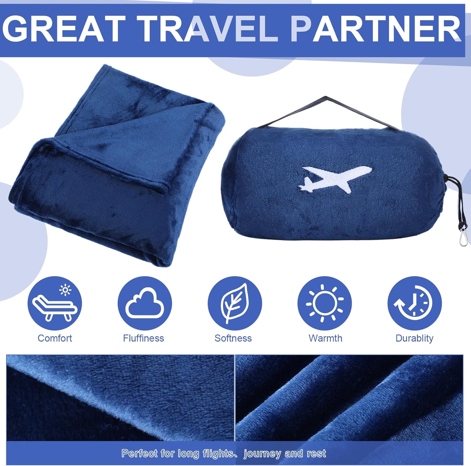 Peryiter 6 Sets Bulk Travel Blanket Pillows for Long Flight Sleeping 50 x 60 Inches Soft Flannel Packable Airplane Flight Blanket 2 in 1 Combo Warm Traveling Plane Essentials (Navy Blue)