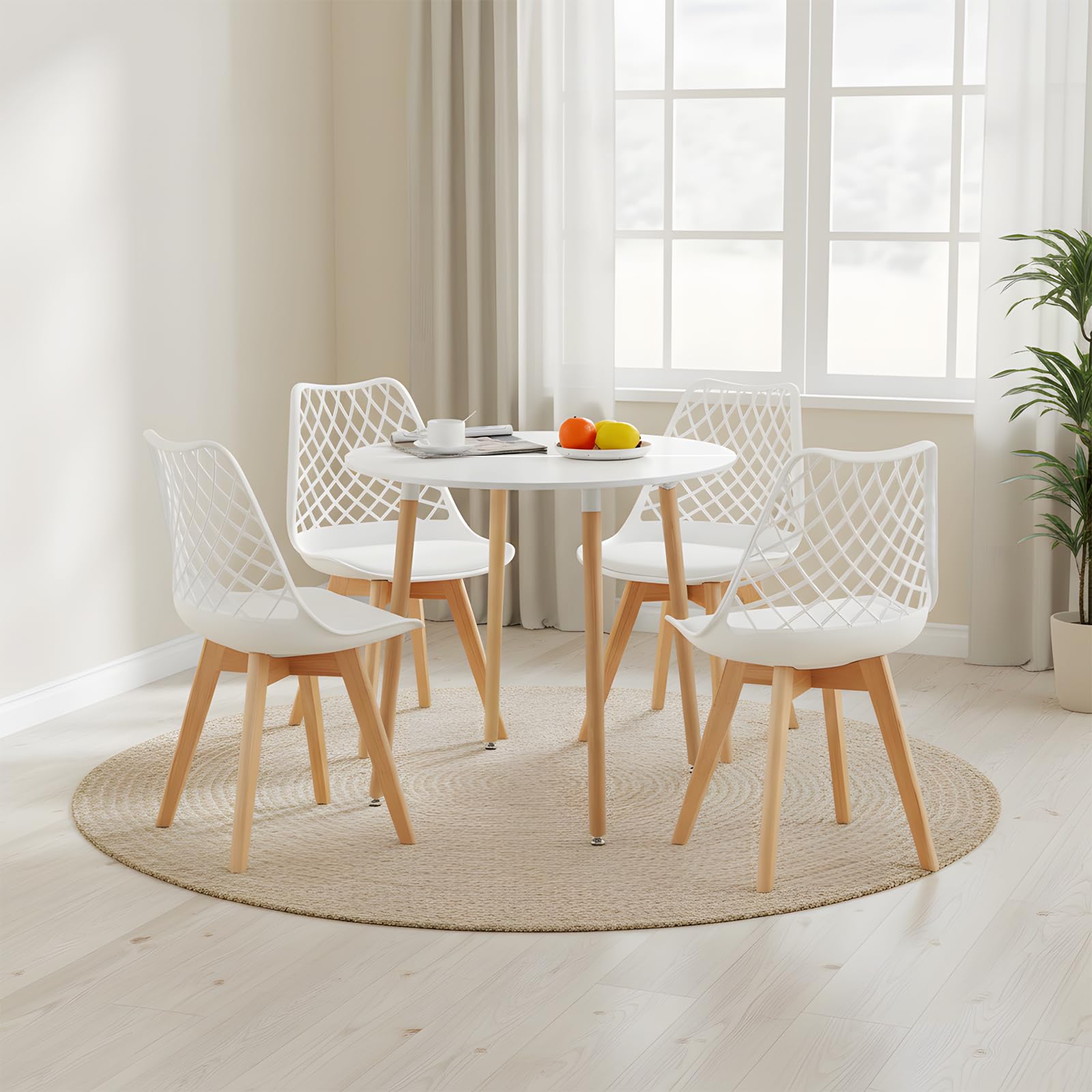 FURNITABLE Esstisch mit 4 Stühlen Essgruppen,Runder Küchentisch und Esszimmerstühle 4er Set für Esszimmer, Küche, Wohnzimmer（Weißer Tisch+4 weiße Stühle） Küche, Haushalt & Wohnen