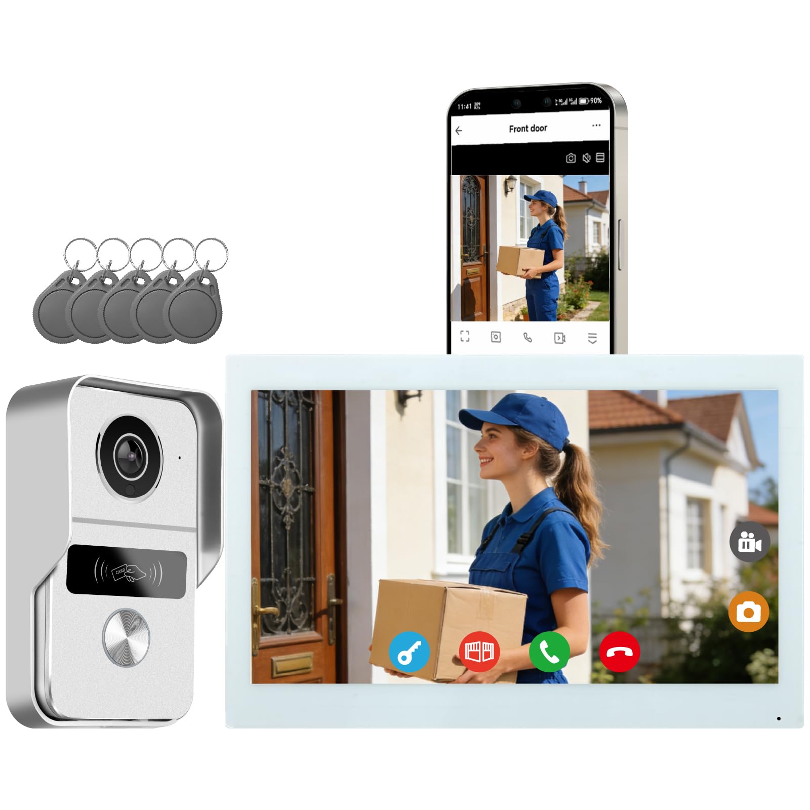 2 Hilos Videoportero Sistema de Intercomunicación KW02, 1080P, 10.1'' Monitor Táctil a Color, Desbloqueo en App y RFID, Detección Humano, Audio Bidireccional,WiFi6 2,4/5GHz, Blanco