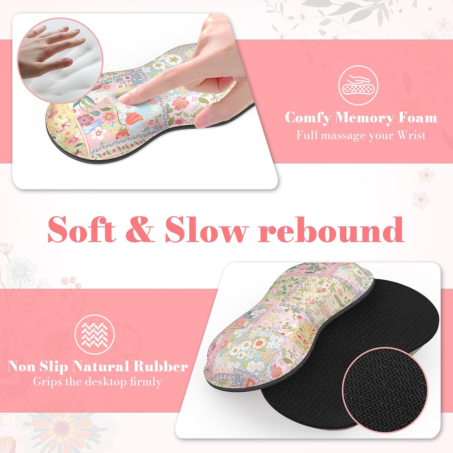 iLeadon Cute Floral Desk Mat Set, Non Slip Mouse Pad with Wrist Support, Wrist Pad for Keyboard, Desk Mat with Wrist Rest, Ergonomic Mouse Pad Set for Women Home Office (Pink)