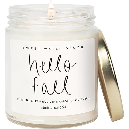 Sweet Water Decor Hello Fall Candle - Cinnamon Apples & Clove Autumn Fall Scented Candle for Home Decor - 100% Cotton Wick Soy Wax Candles with 40 Hour Burn Time - Made in The USA - 9oz Clear Jar