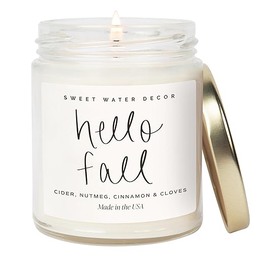 Sweet Water Decor Hello Fall Candle Cinnamon, Apples, and Clove Autumn Scented Soy Candles for Home 9oz Clear Jar, 40 Hour Burn Time, Made in the
