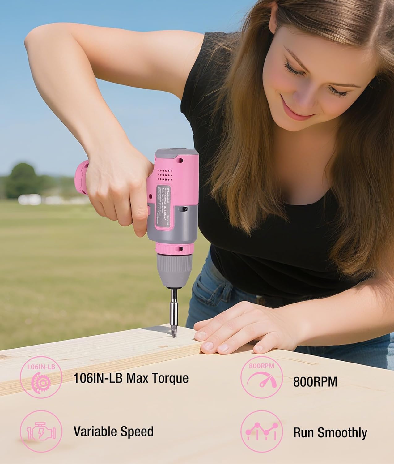 WORKPRO Pink Cordless 8V Drill Driver Set, 2Ah Electric Power Drill with 3/8'' Keyless Chuck, 15pcs Bits & 1 Type-C Charging Cord for Drilling and Screwing - Pink Ribbon