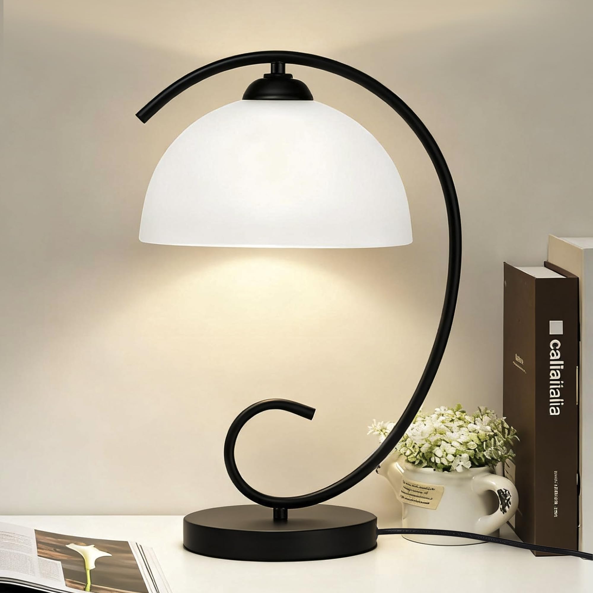 Alighting Tischlampe Schwarz mit Glas Lampenschirm | Vintage Tischleuchte 44,5 cm, Elegante Nachttischlampe für Schlafzimmer Wohnzimmer Beistelltisch, E27(ohne Leuchtmittel)