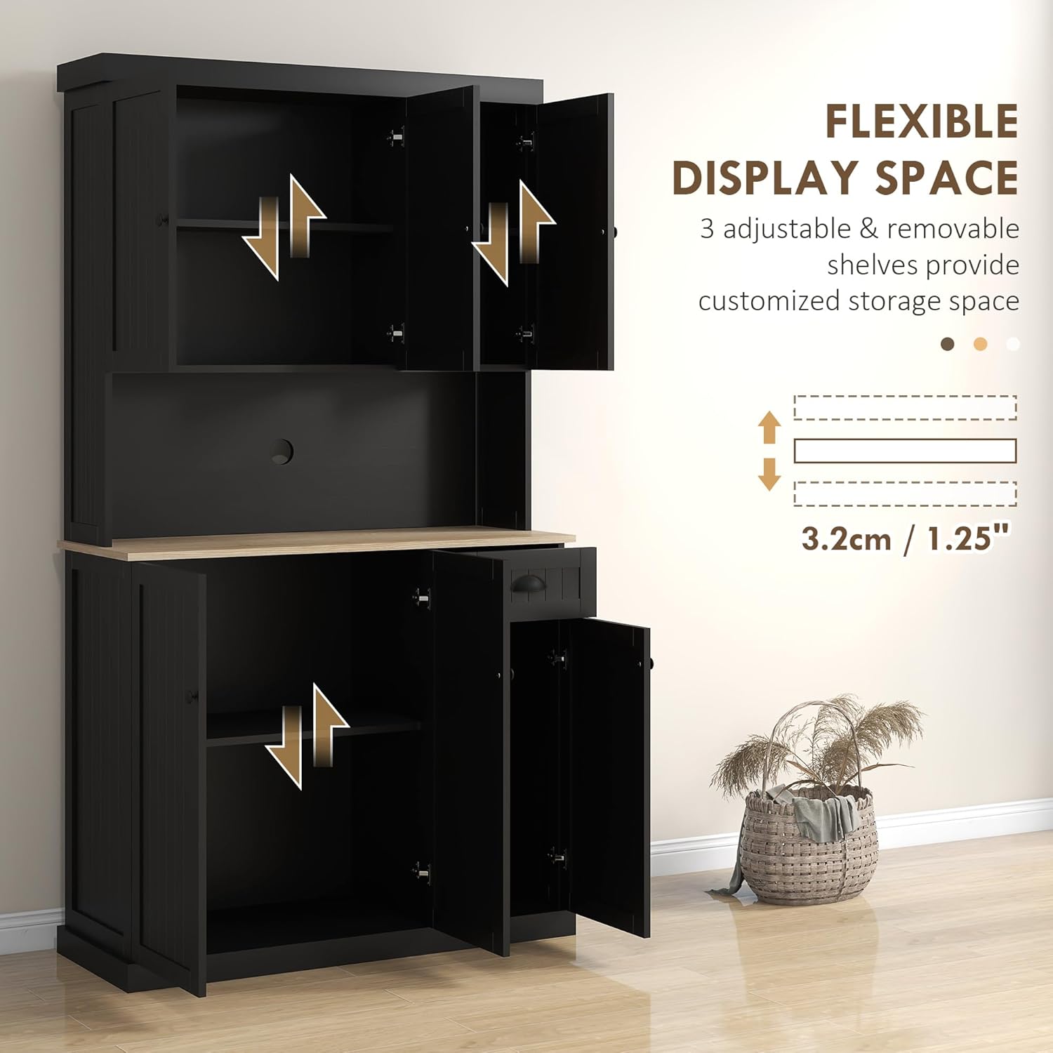 71" Black Modern Farmhouse Kitchen Pantry Storage Cabinet with Hutch