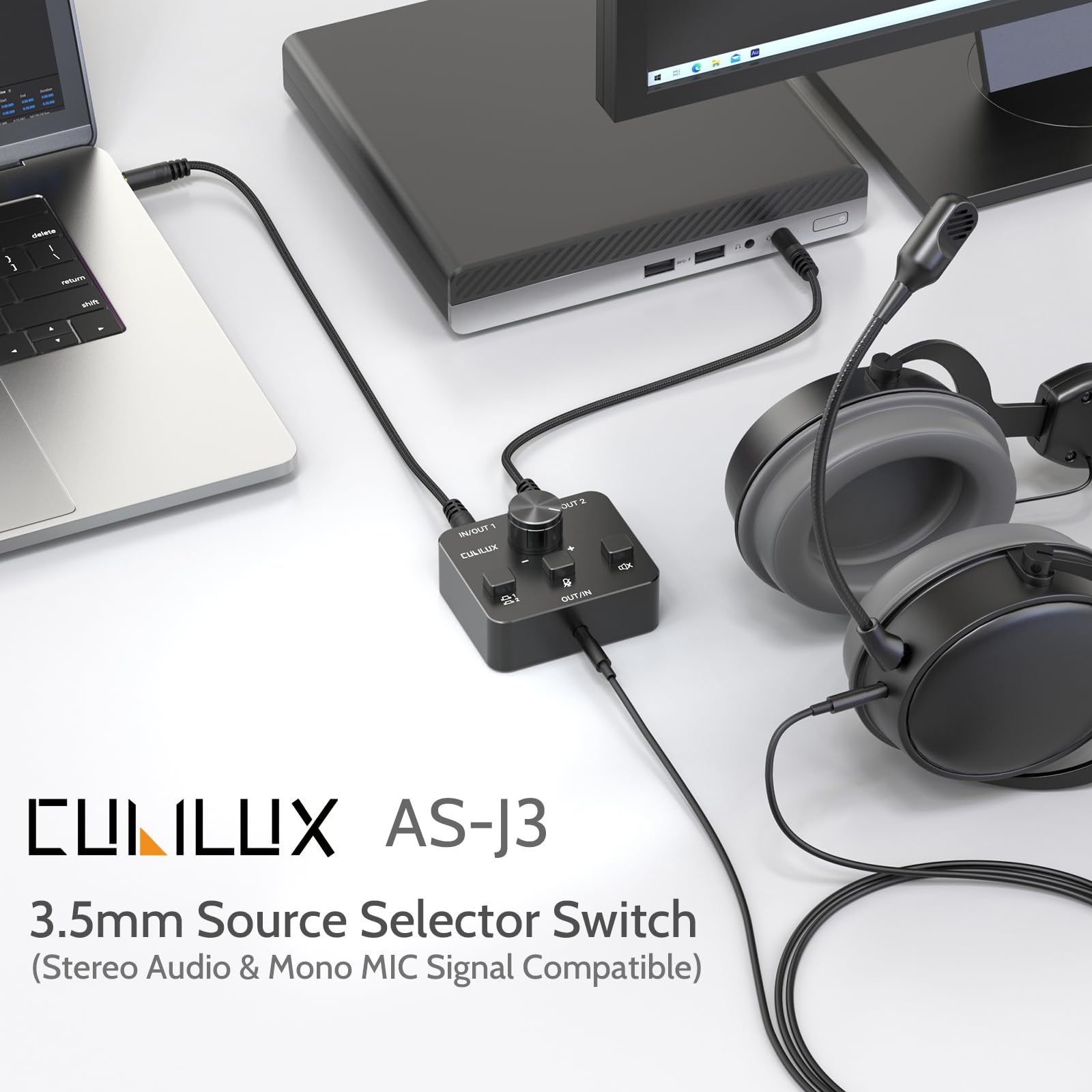 Cubilux AS-J3 Commutateur Audio/MIC 3.5mm avec Interrupteur de Coupure, Sélecteur Bidirectionnel 2-Entrées-1-Sortie ou 1-Entrée-2-Sorties, Signal AUX Stéréo 1/8-pouce et Microphone Mono pour PC, Ordin