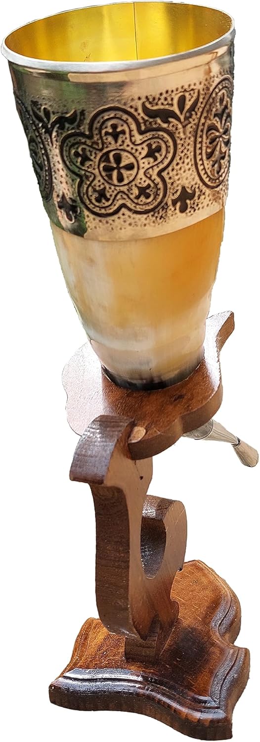 Viking Drinking Horn, 5-7oz Medieval Natural Handcrafted Horn with Wooden Stand