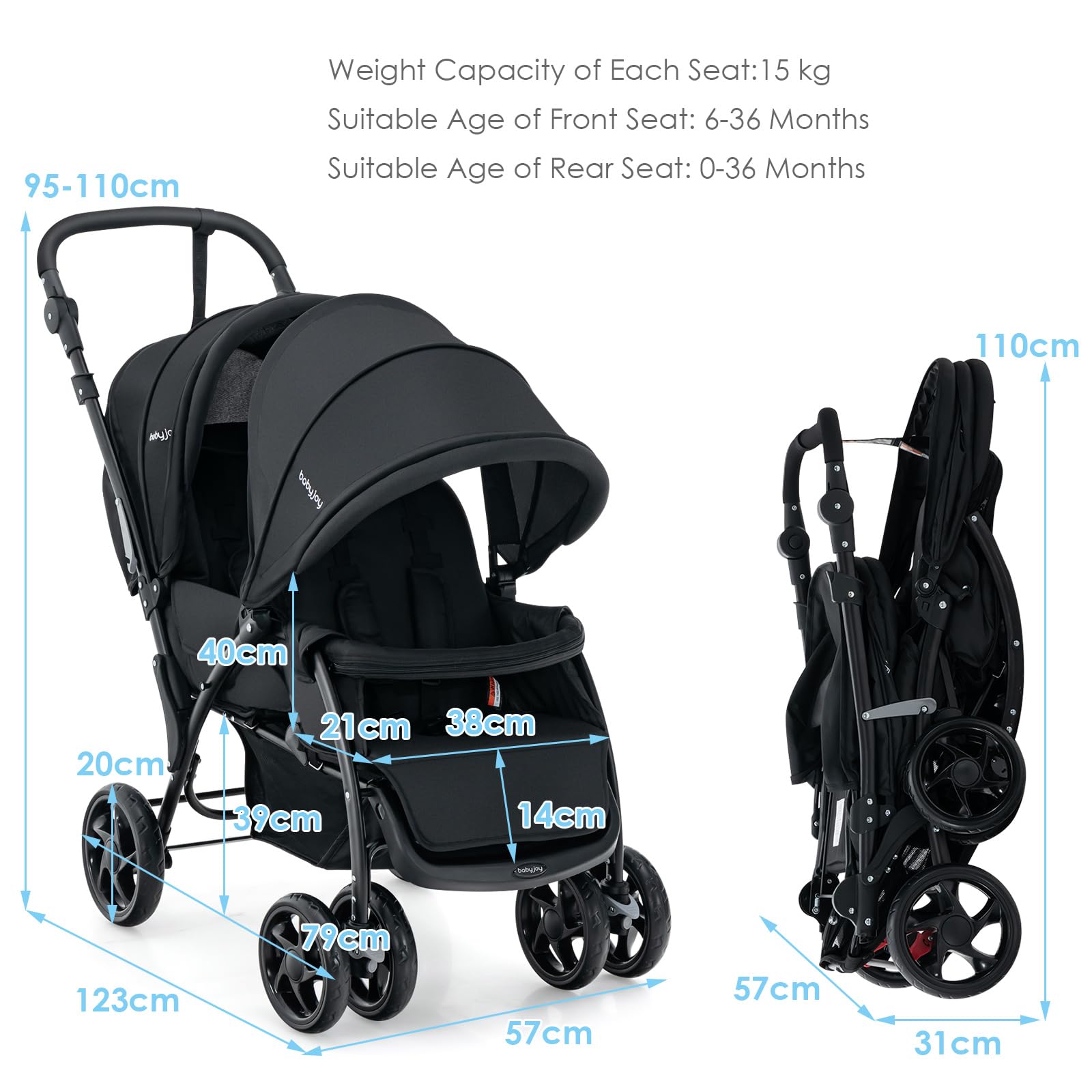 LIFEZEAL Poussette Double Pliable pour Jumeaux, Poussette 2 Places Réglable en 3 Positions, Poussette Canne avec Cosy, Roues Universelles avec Freins, Charge de 15+15 KG (Noir)