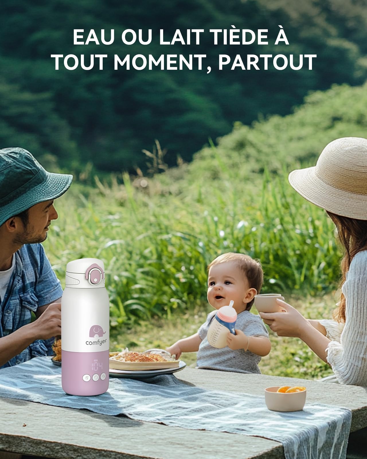 Comfyer BW01 Chauffe Biberon Nomade Portable sans Fil, Chauffage Rapide pour Lait Maternel et Eau, Longue Autonomie 12000 mAh, Température Réglable, Capacité 340 ml, Idéal pour Voyage, Voiture & Avion