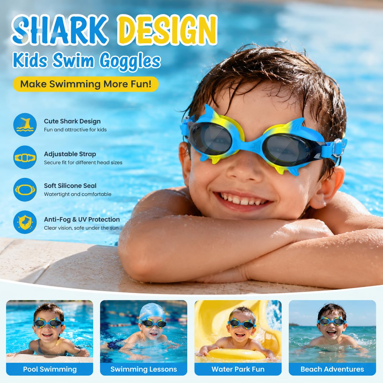 Gafas de Natación Niños con Diseño de Tiburón, Visión Gran Angular 180° HD, Antivaho y Protección UV, Unisex para 3-10 Años