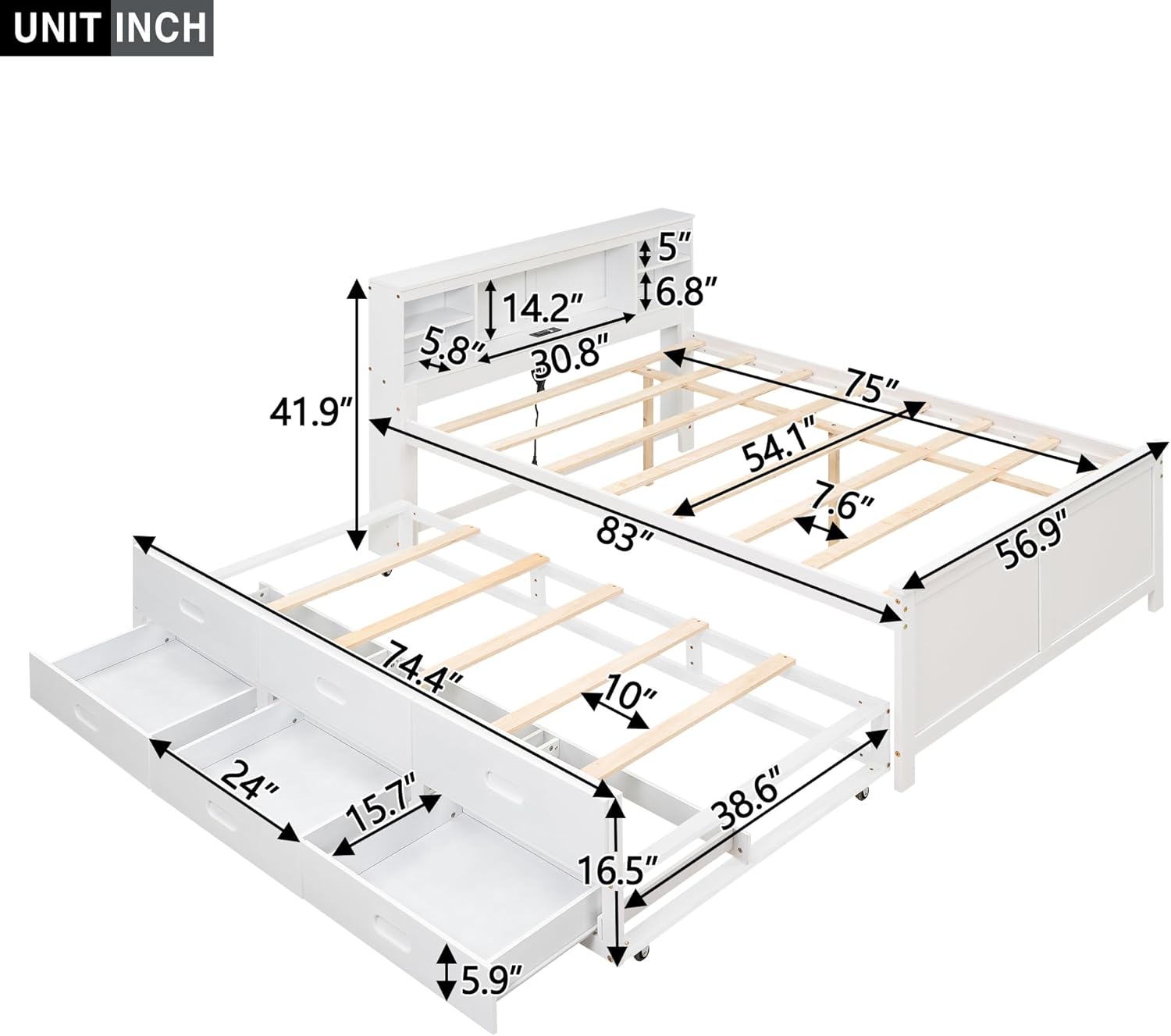 Bellemave Full Size Platform Bed with Storage Headboard, Full Size Platform Bed with Twin Size Trundle and 3 Drawers&USB, Solid Wood Bed Frame with Storage for Kids,No Box Spring Needed (White)