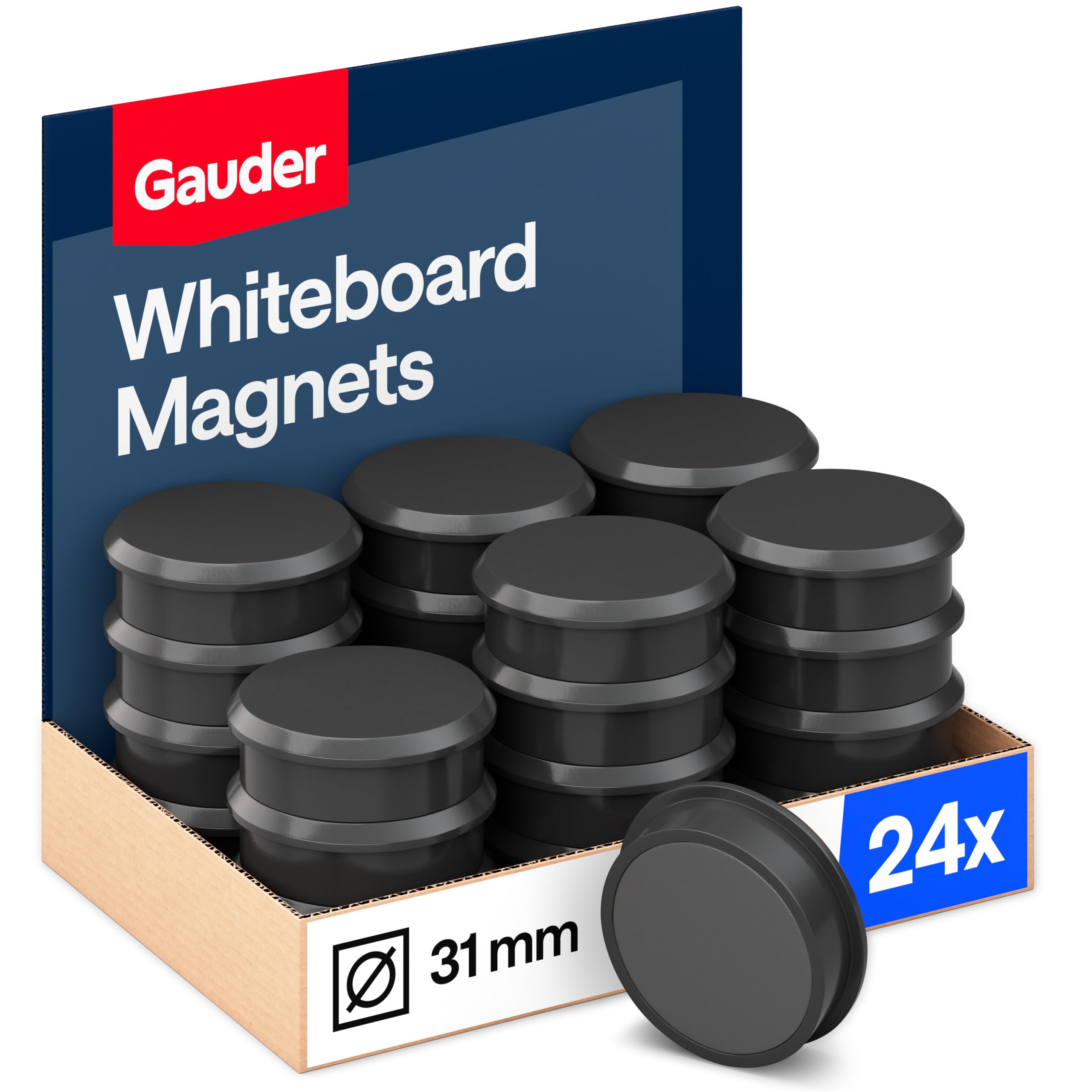 GAUDER Whiteboard Magnets - Strong Round Magnets for Fridge & Magnetic Board - Colorful Magnetic Discs for Office, School & Home (31 x 10 mm - 24 PCS - Black)
