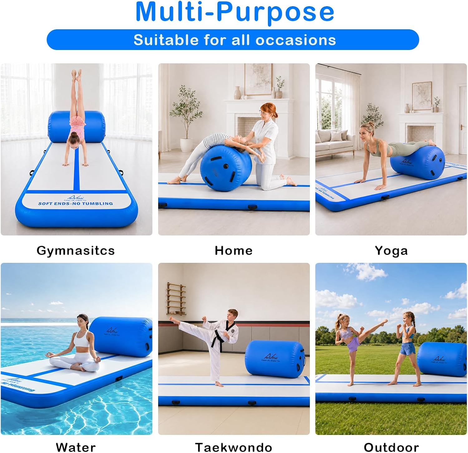 10FT Inflatable Gymnastics Tumbling Mat with 39.3 x 23.6 in Air Roller | Edge Safety & Center Lines, Thick Tear-Resistant PVC, Dedicated Pumps for Inflation, Home Tumbling/Backbend/Yoga Practice