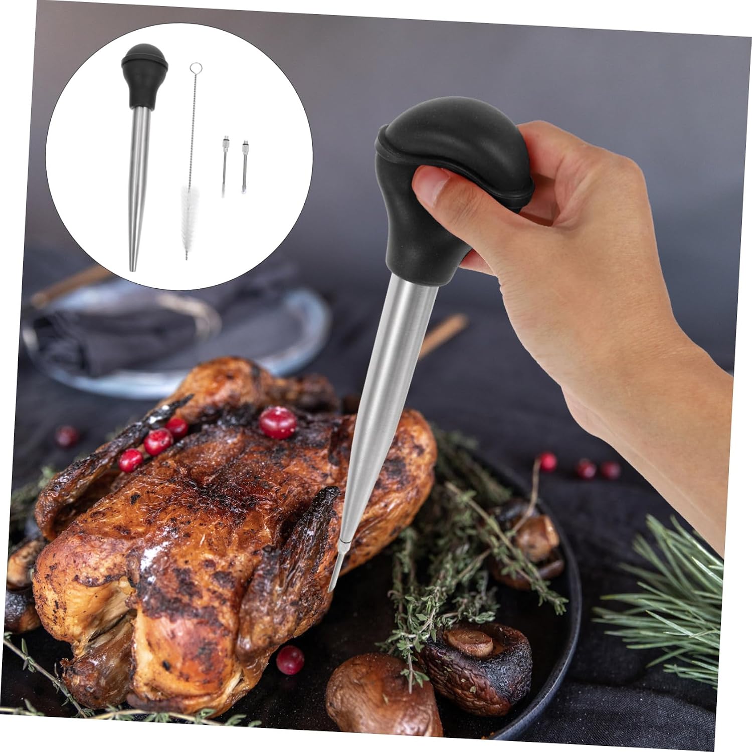 1set Bbq Turkey Seasoning Pump Stainless Steel Injector and Silicone Oil for Flavorful Cooking for Roasting Grilling and Outdoor Bbq Events