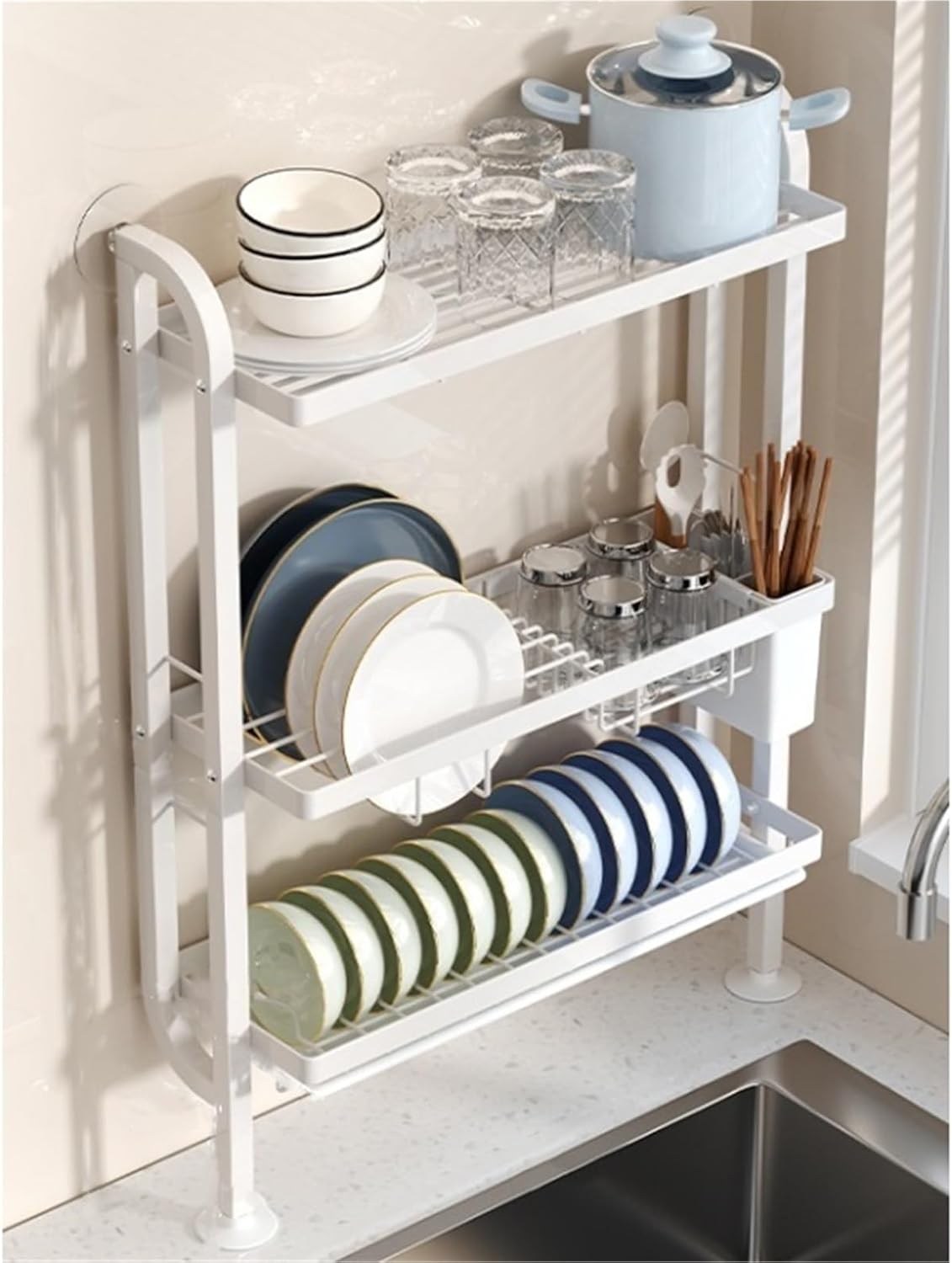 Dish Drying Rack 3 Tier Kitchen Counter Utensil Holder Over The Sink Dish Drainer Drying Rack Kitchen Organizers and Storage Rack for Plates Bowl(White)