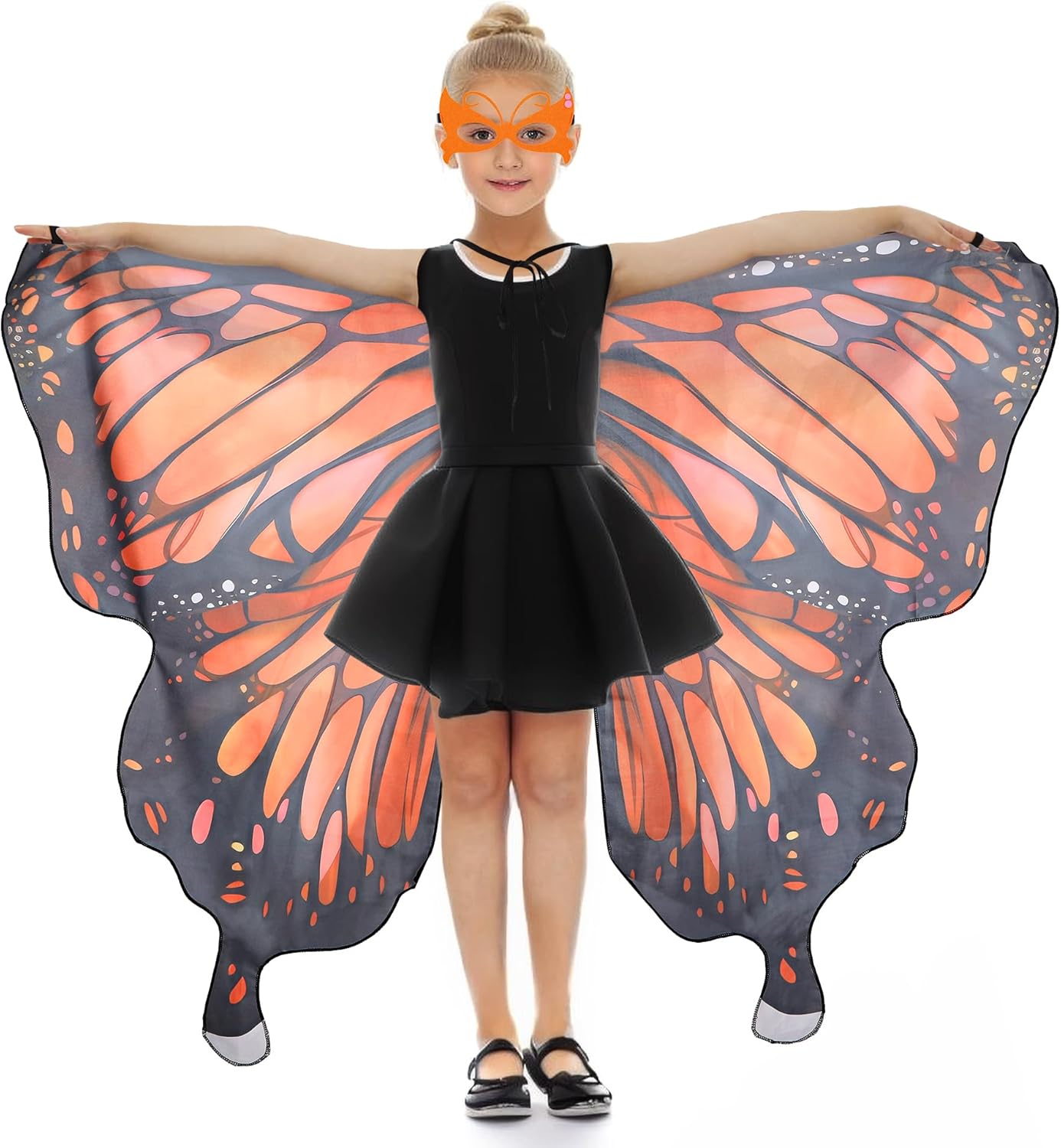 Miniatura 8 de MIDOVAN Disfraz de alas de mariposa para niños, 3 piezas, alas de arco iris, capa, diadema y máscara para niñas, disfraz de Halloween, cumpleaños