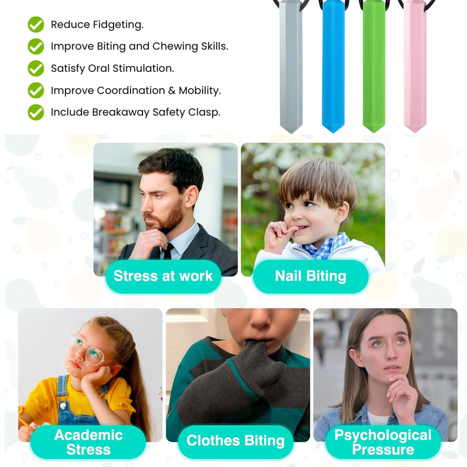 4 PCS Chew Necklace, Best for Kids or Adults That Like Biting or Have Autism, Diamond Teething Stick, Anti-Autism Silicone Teether - Image 4