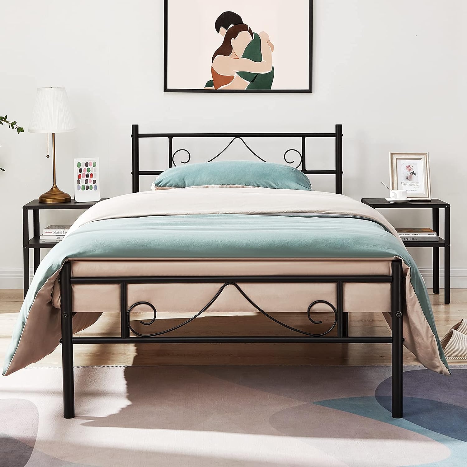 GreenForest Twin Bed Frame with Headboard, 12 Inch No Box Spring Needed Metal Bed Platform with Storage Space, Heavy Duty Slats Mattress Foundation, Black