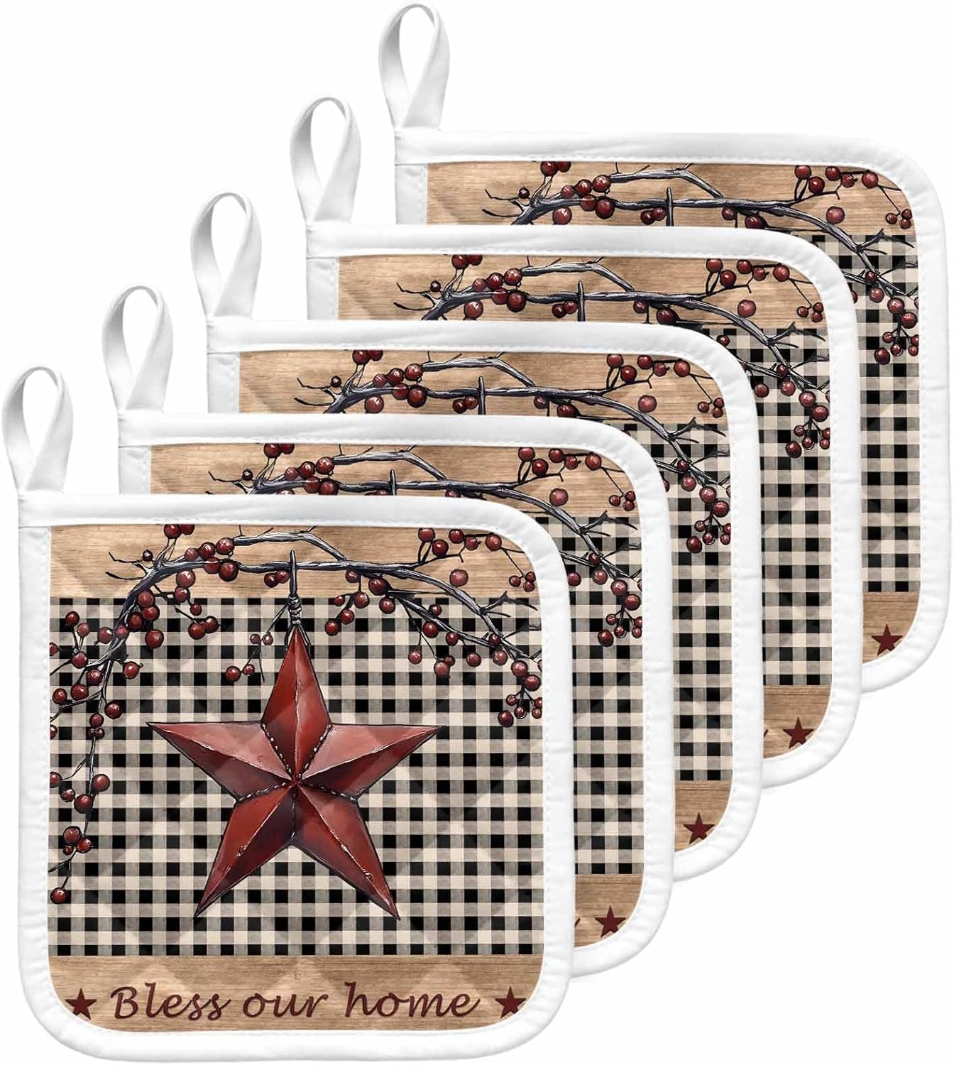 Texas Star Farmhouse Pot Holders for Kitchen Heatproof Potholder, 5 Pack Rustic Black Plaid Berry Wooden Hot Pads Multipurpose Oven Pads Cloth Potholders Trivet for Cooking Baking
