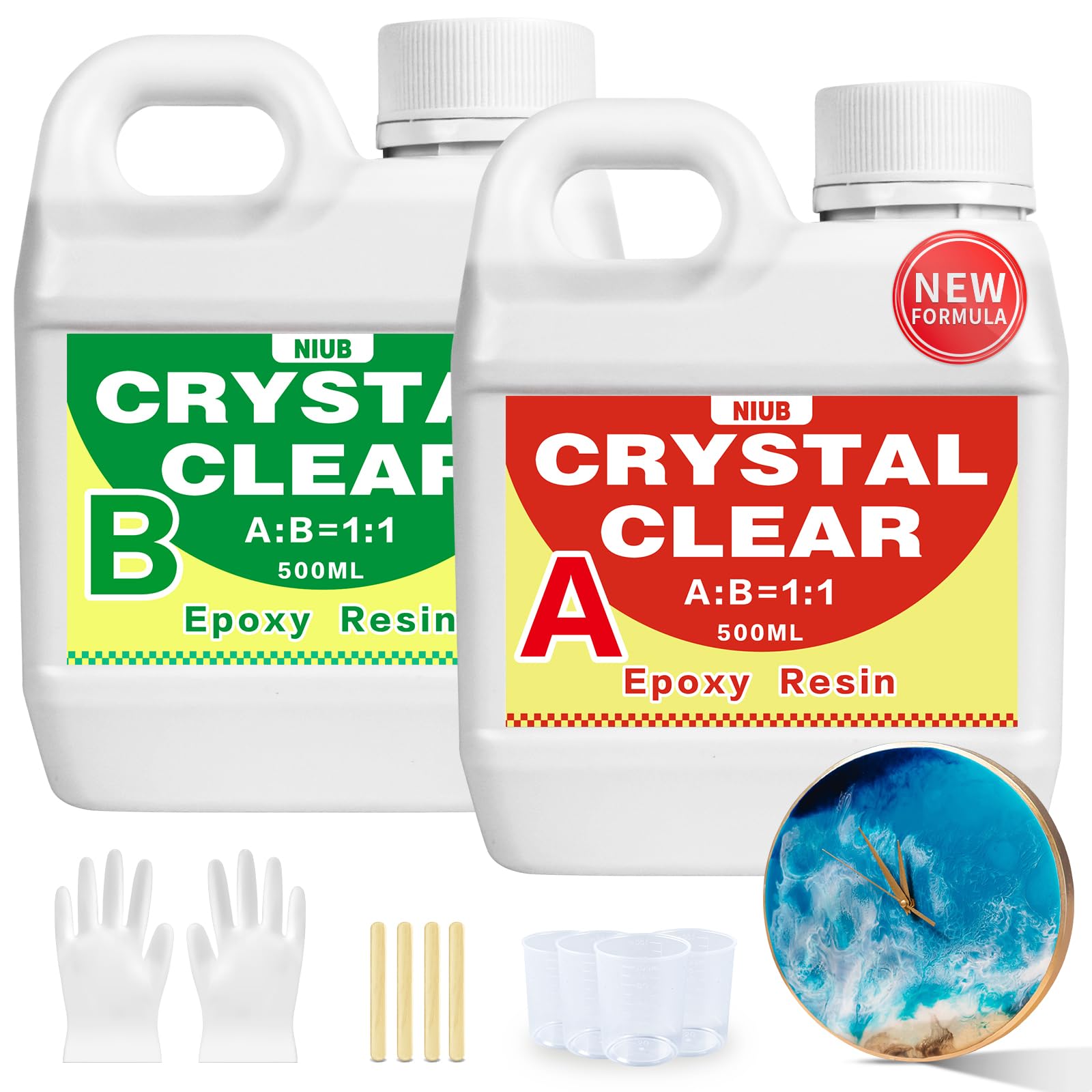 NIUB 1L Crystal Clear Epoxy, Art Casting Resin and Hardener Kit, Non-Toxic Craft Resin, Self-Leveling, Bubble-Free Formula-Clear Kits for Beginners Ideal for Various Applications