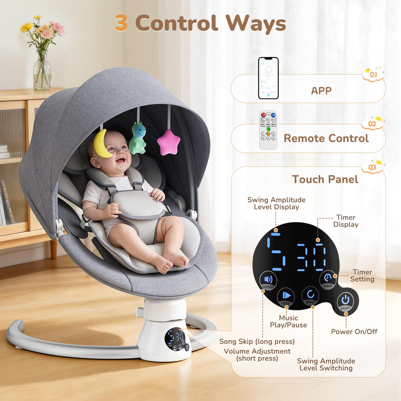 Sdraietta Neonati Elettrica con Schienale Regolabile su 2 Livelli - App e Telecomando Dondolo Neonati Elettrico con 3 Timer, 5 Velocità di Altalena, 12 Musiche, Altalena Neonato Bluetooth (Grigio)