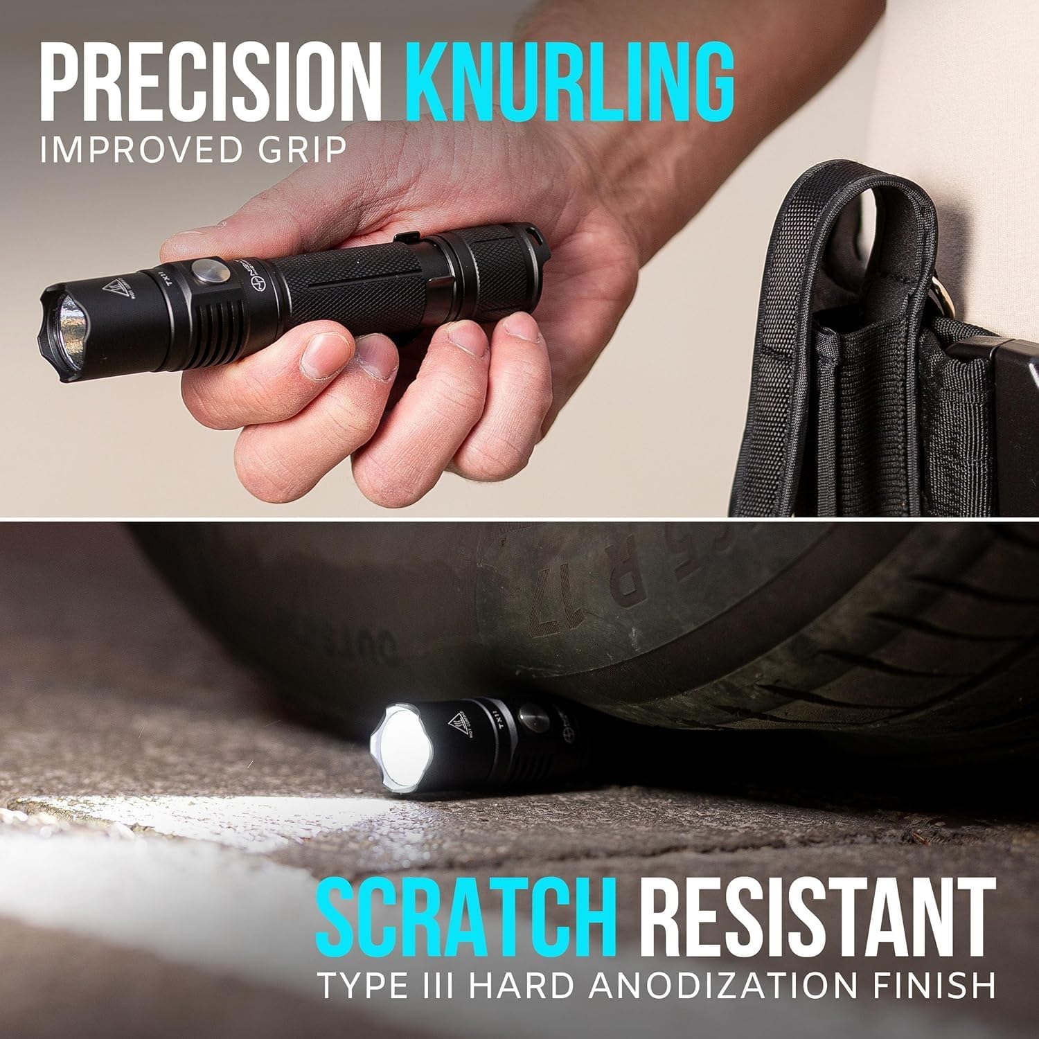 Close-up of TX11 flashlight showing precision knurling for improved grip and scratch-resistant finish