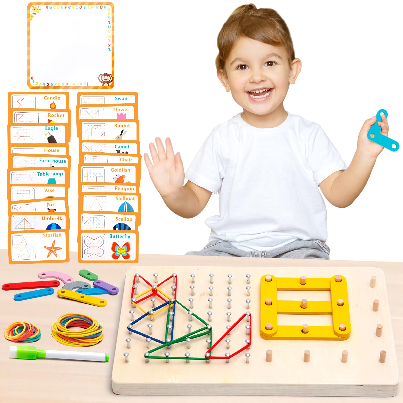 HEELWIRE Wooden Geoboard Montessori Early Education, Geo Board Manipulative Math Toy for Logical Thinking and Fine Motor Skills Development, Brain Teaser STEM Toy.