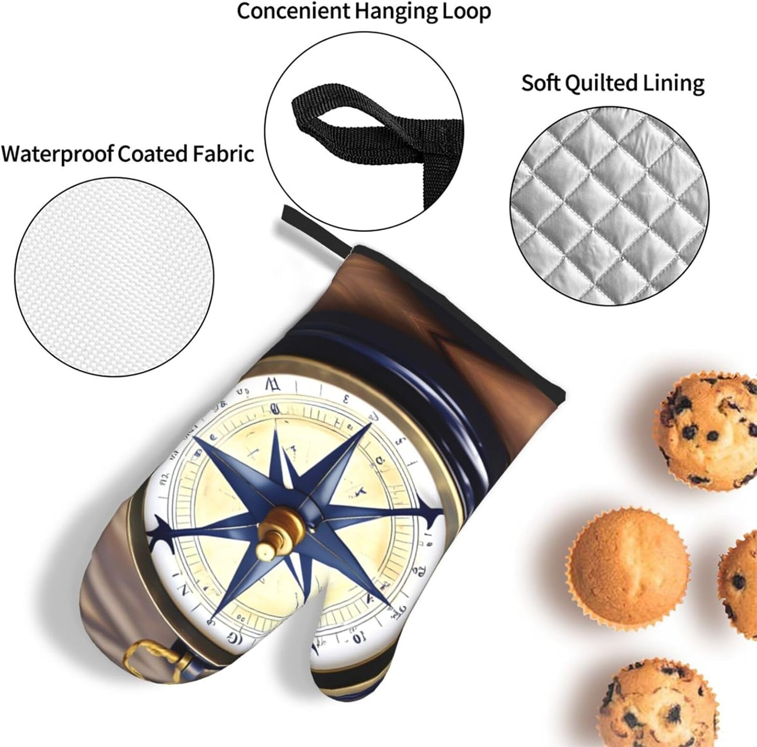 Sail Boat Nautical Compass Print Heat Resistant Microwave Gloves, Used for Baking, Cooking, and Fashion Kitchen Essentials