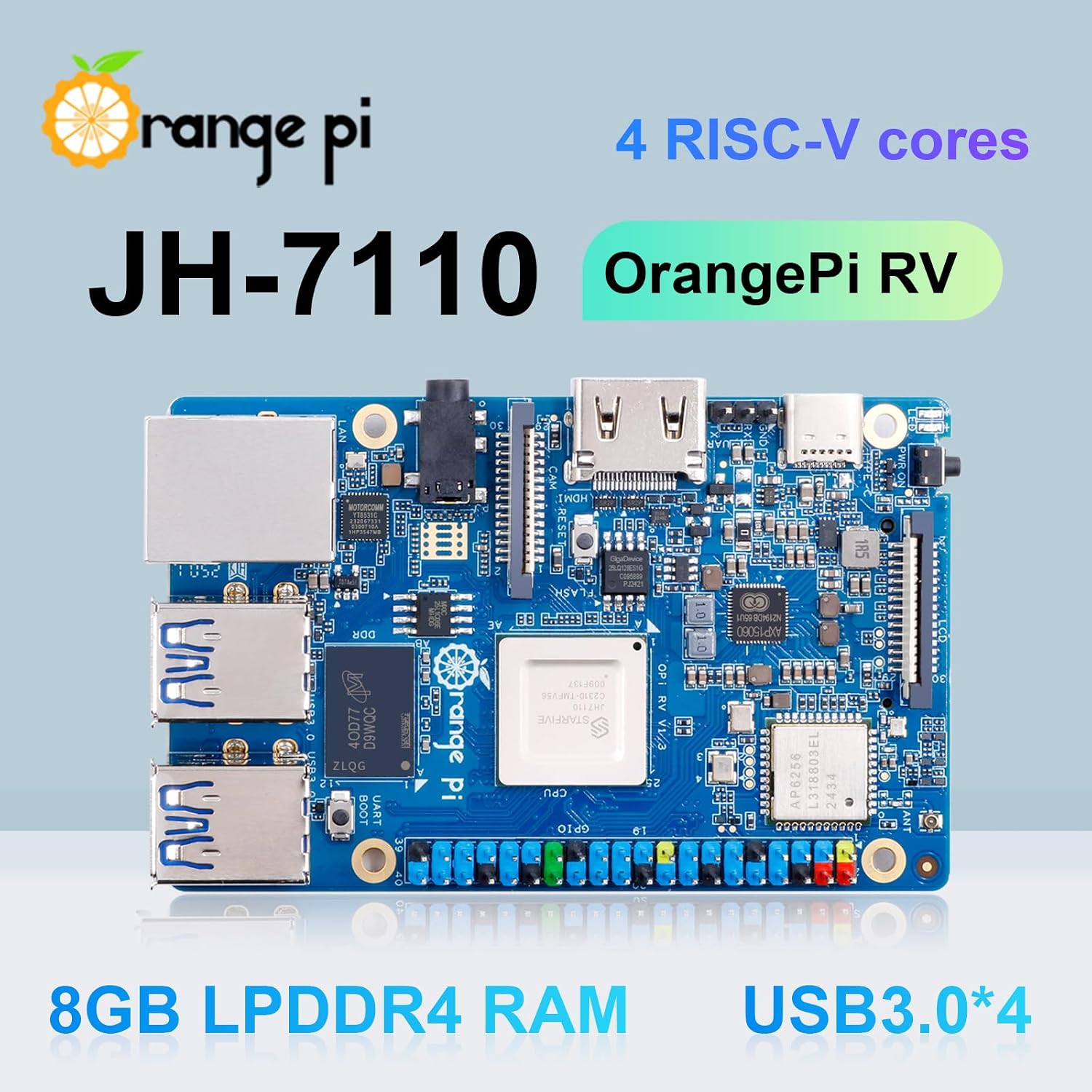 Orange Pi RV 2GB/4GB/8GB LPDDR4 RISC-V Single Board Computer with StarFive JH7100 4-Core 64-Bit Processor, Wi-Fi 5.0/Bluetooth 5.0, Development Board Run Linux/Debian (8GB+Power Supply)