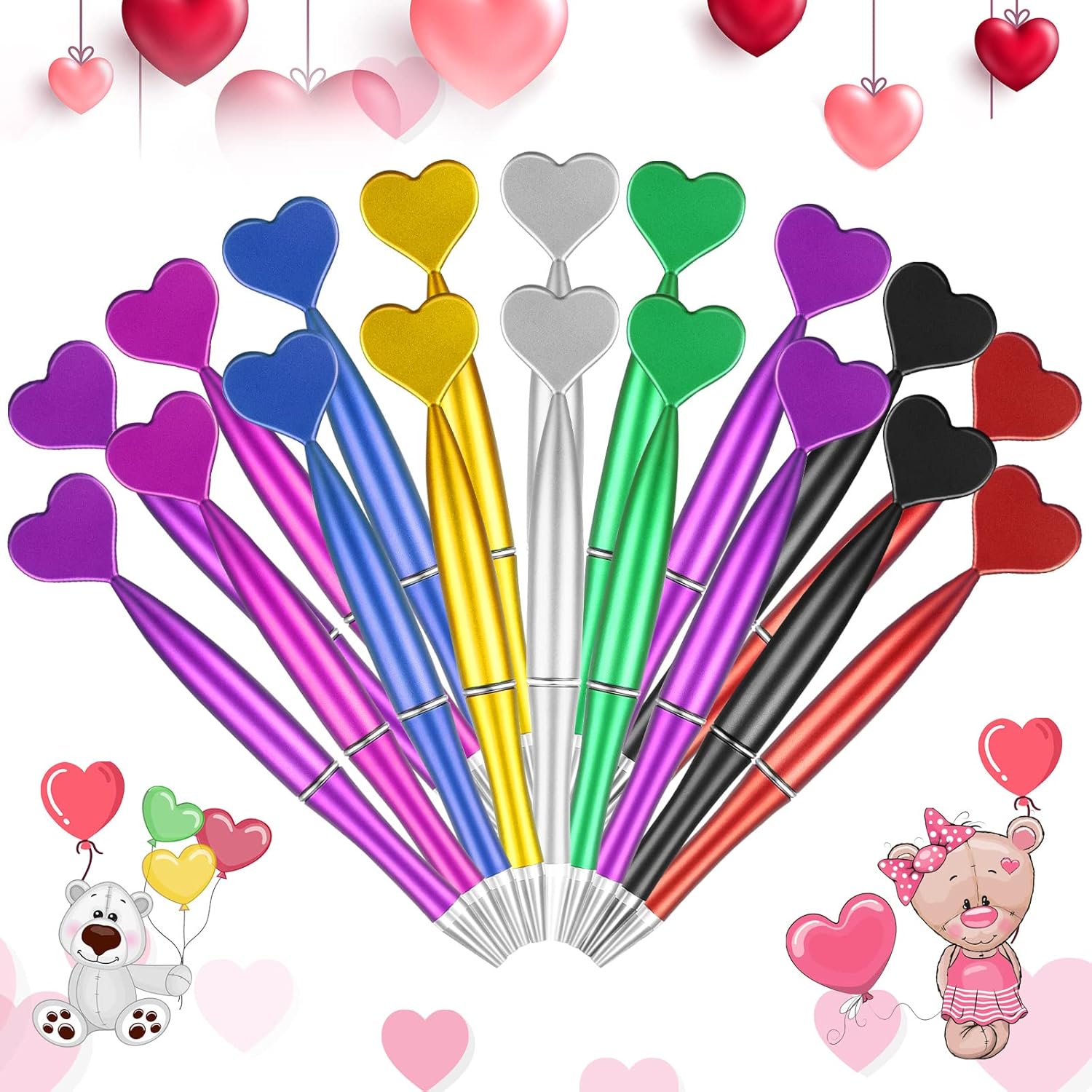Jeyiour 96 Pcs Valentines Day Heart Shaped Pens Bulk 1 mm Rollerball Black Gel Ink Pretty Novelty Pens for Girl Women Valentines Gift Wedding Office Supplies(Multi Color,Normal Style)
