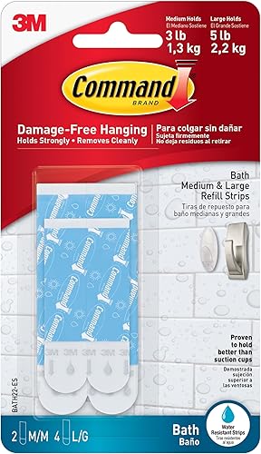 Vista 10 de Command Bath - Tiras de repuesto adhesivas resistentes al agua, 4 tiras grandes, para colgar ganchos de baño grandes u organizadores.
