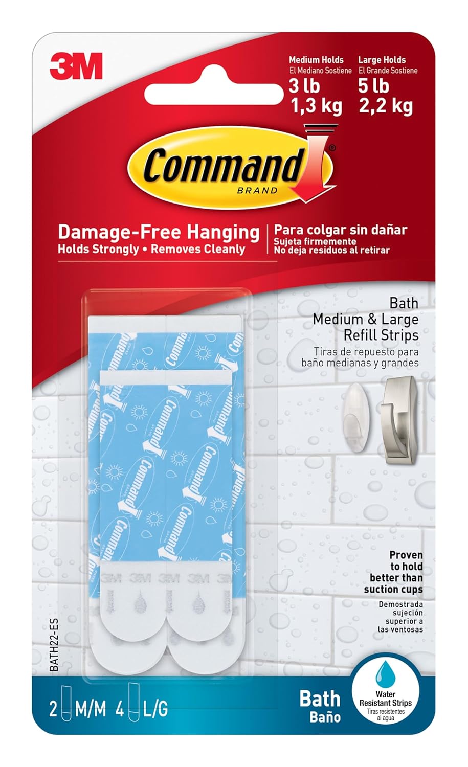 Command Bath Replacement Strips 2-Medium and 4-Large Water-Resistant Adhesive Strips Re-Hang Bath Hooks or Caddies