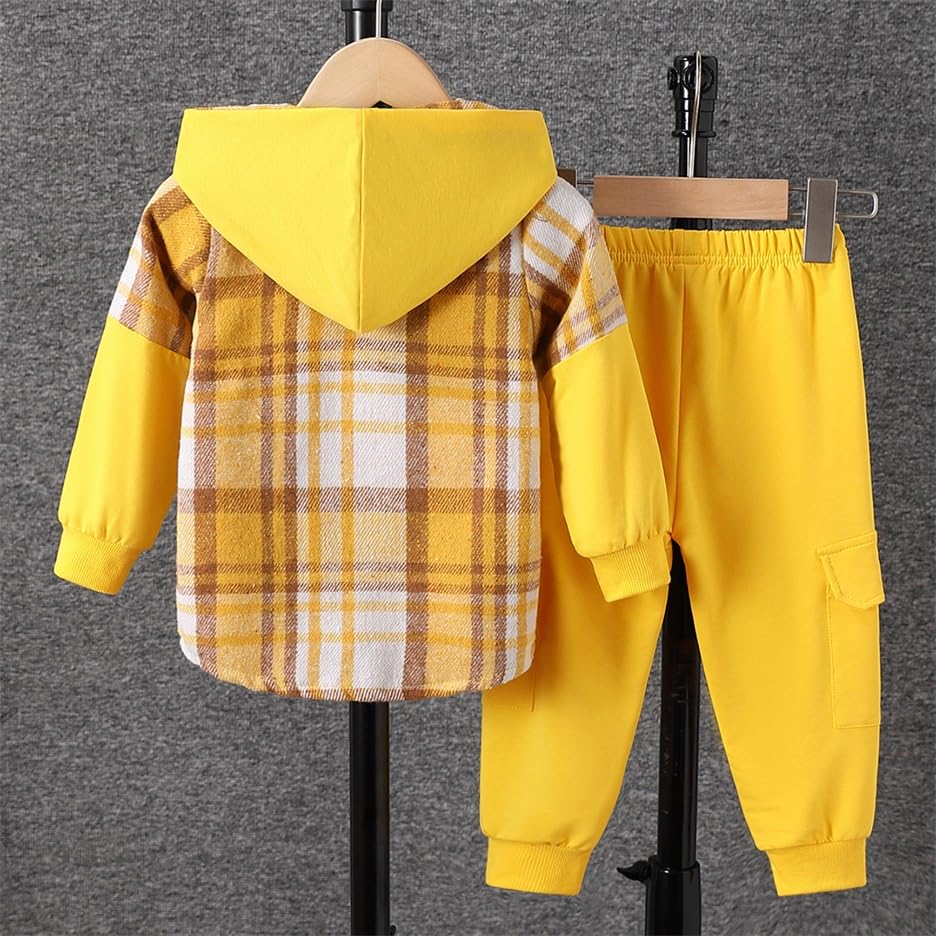Image of OLMRJKD Toddler Baby Boy Clothes Plaid Long Sleeve Hoodie Sweatshirt + Pants 2pcs Boys Outfit Set