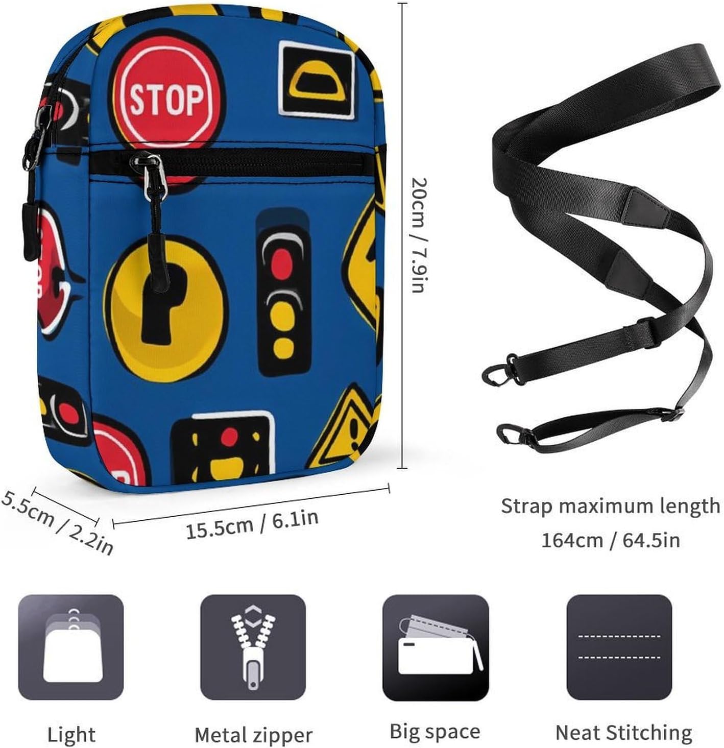 Cartoon Traffic Signs Small Crossbody Bag Sling Shoulder Satchel | for women men,work travel workout,detachable and adjustable shoulder strap