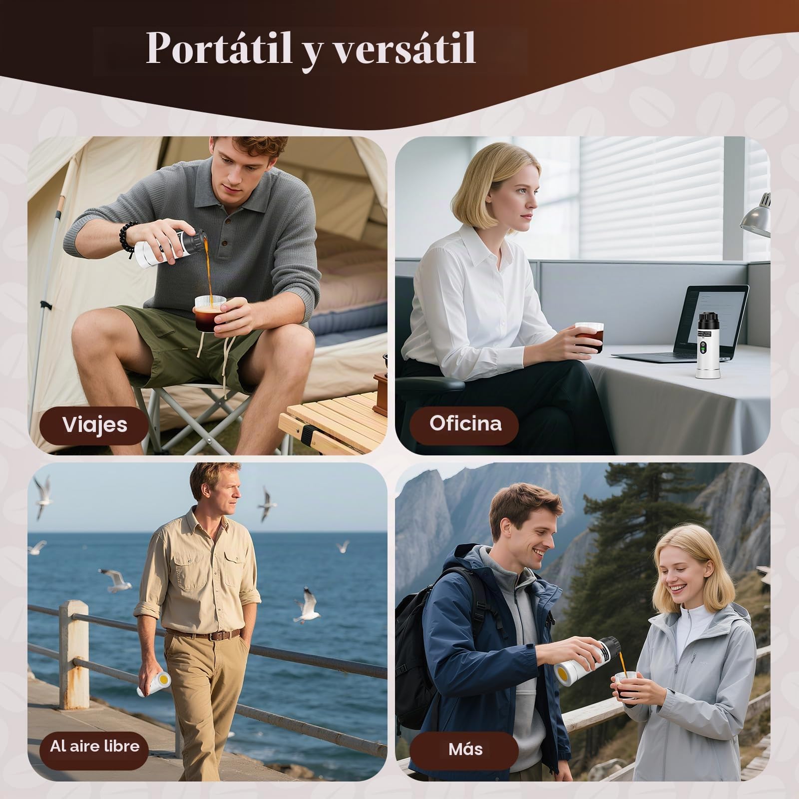Máquina de Café Portátil, 3 en 1 Cafetera Espresso de Batería, Compatible con Cápsulas y Café Molido, Regalos para Autocaravana y Camping (Blanco)