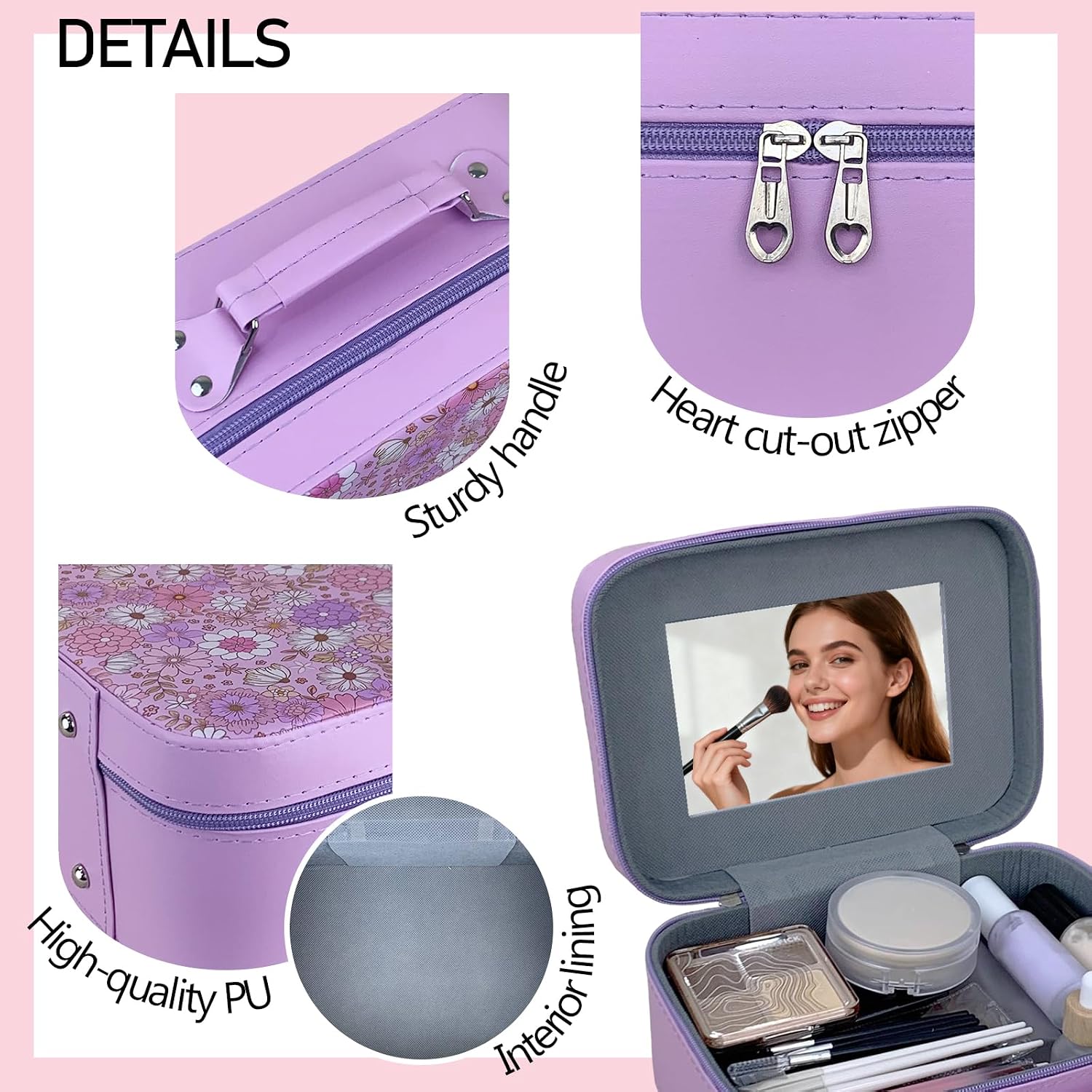 Travel Makeup Case with Mirror, Large Capacity Cosmetic Bag,for Bedroom, Travel,Portable Organizer for Cosmetics, Nail Tools, Craft Supplies, Gift for Women Mom Girls