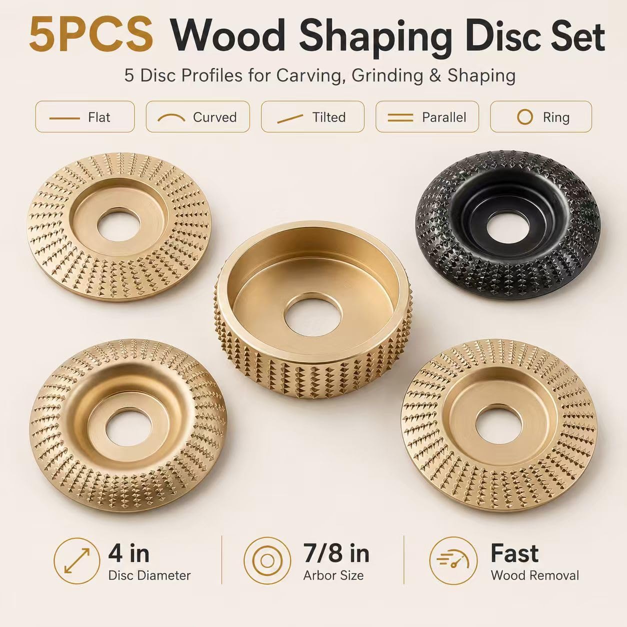 Juego de 5 discos de tallado de madera para amoladora angular de 4 y 4 1/2 con eje de 5/8 pulgadas, disco de corte de amoladora, herramientas de modelado de madera, disco de molienda para cortar