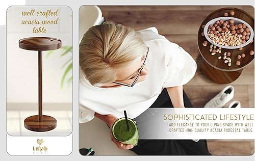 Miniatura 5 de Mesa para bebidas de 24 pulgadas, mesa auxiliar redonda pequeña con pedestal con soporte para teléfono y 2 posavasos, mesa auxiliar de madera