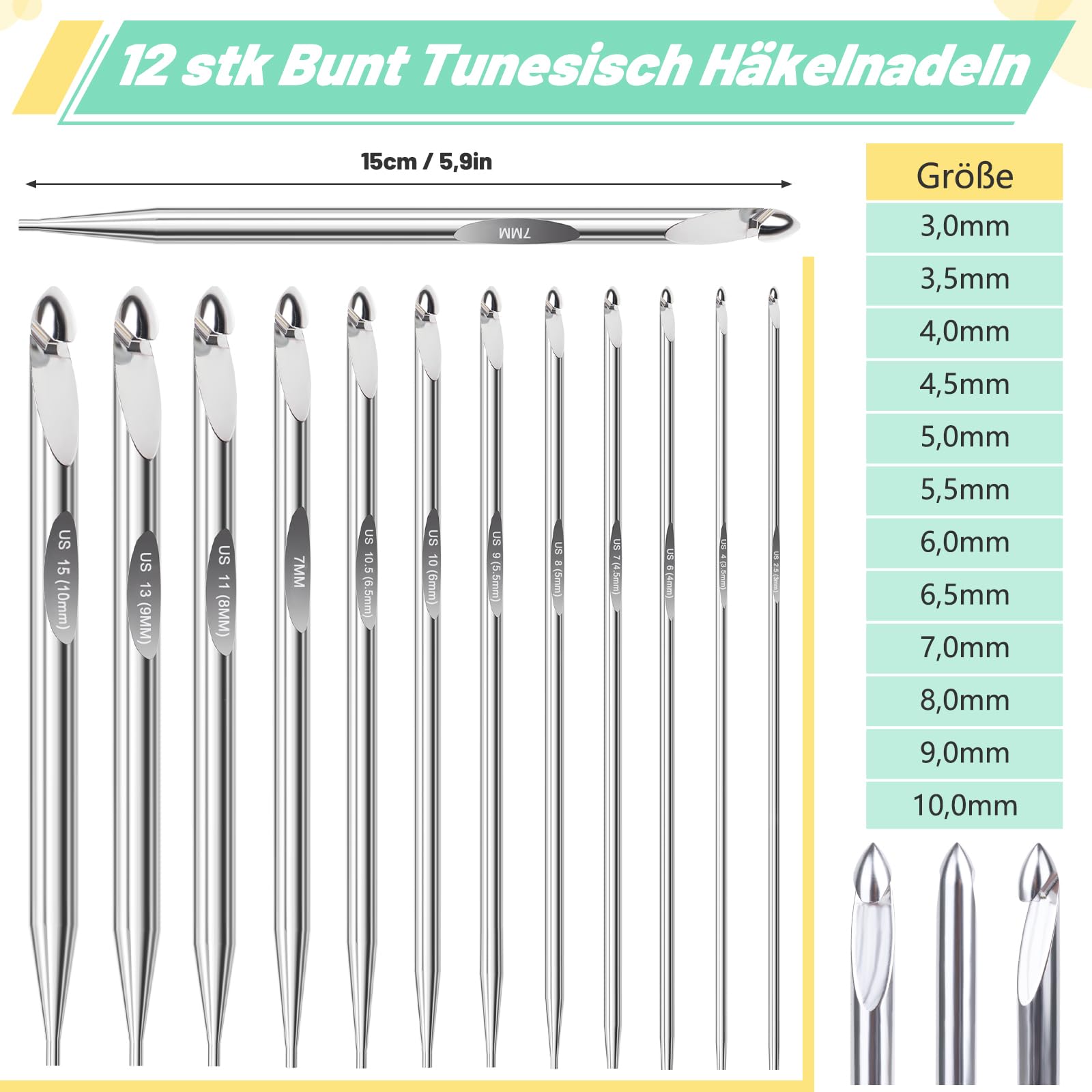 Coopay Set di 12 Uncinetti Tunisini Intercambiabili, 3,0-10,0mm con Filo da 40/60/80/100 cm, Uncinetto per Principianti e Professionisti, Uncinetto Afgano per Tappeti, Maglioni, Sciarpe, Blu