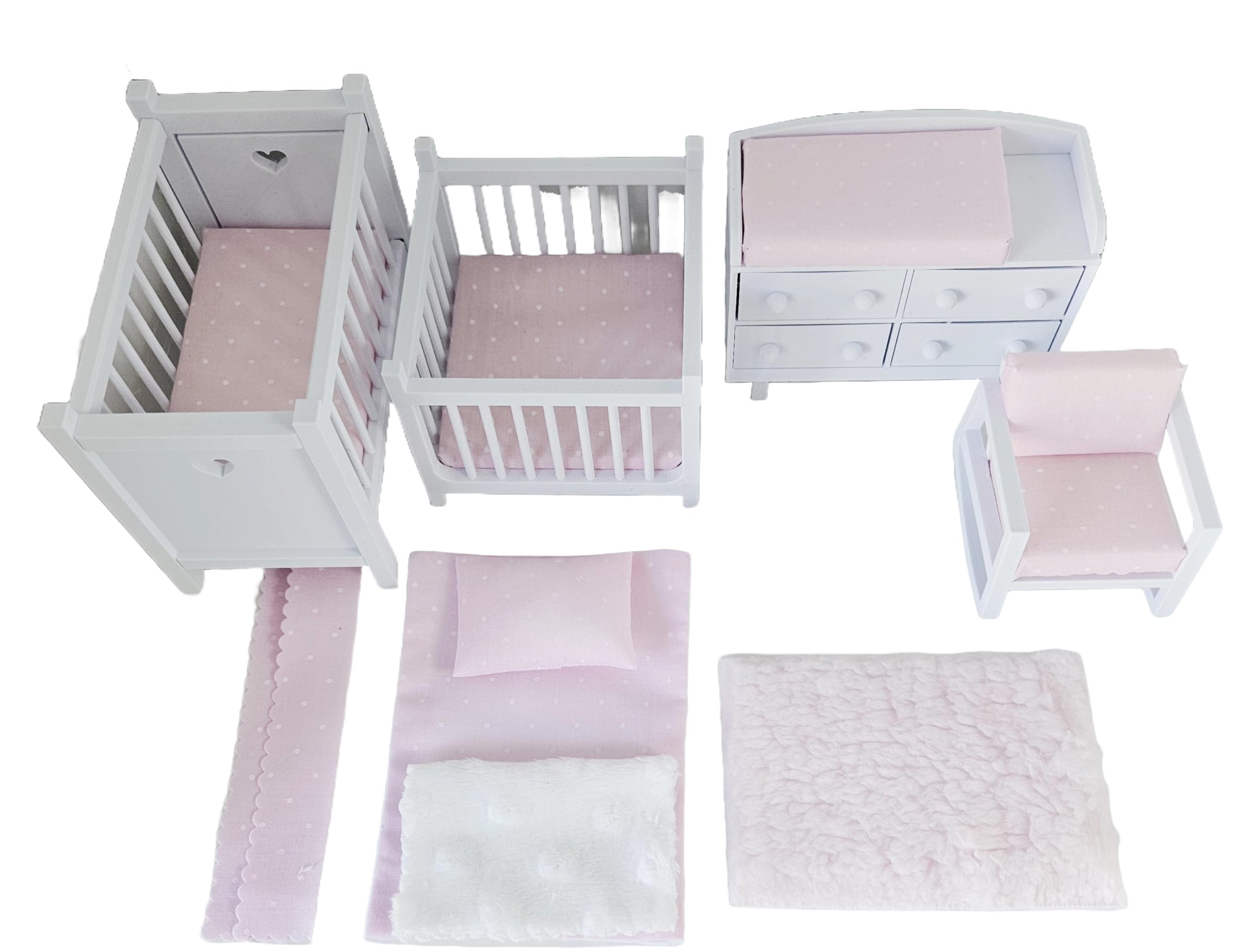 Pretty Miniatures Dollhouse Nursery Furniture Set, 1:12 Scale, White with Pink Polka Dot, Includes Cot, Playpen, Chair, Changing Unit, Bedding and Rug, Fully Assembled