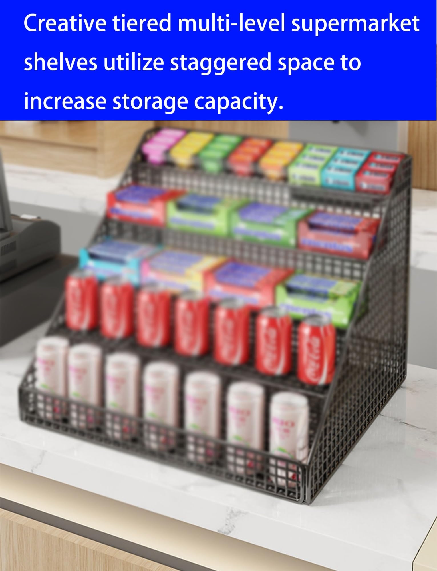 Espositore da banco a più livelli per gomme, sigarette e snack, organizer frontale salvaspazio per negozi al dettaglio, soluzione di merchandising efficiente