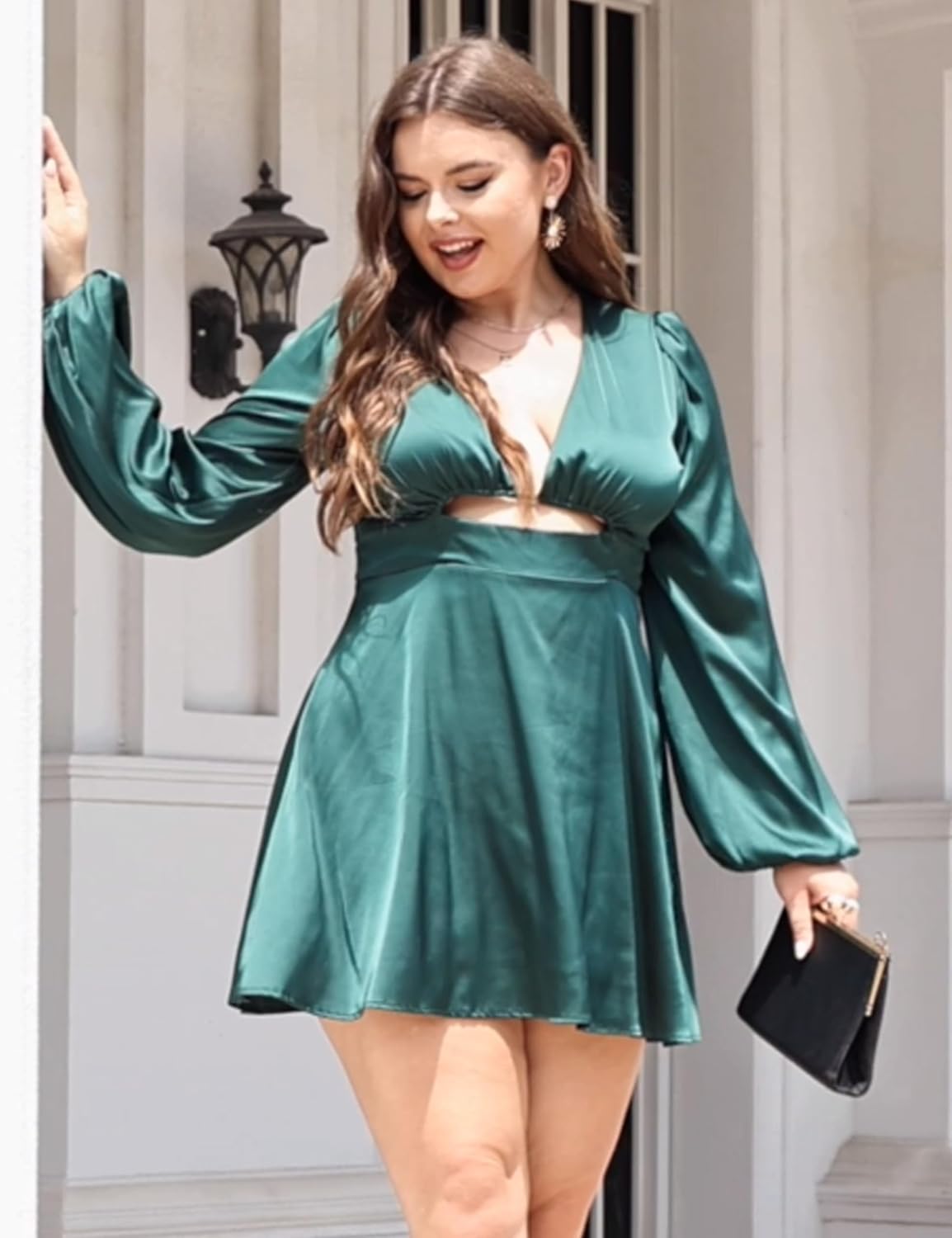 Women's Dress Satin Deep V-Neck Long Sleeve Mini Dress Silk Lantern Sleeve A-Line Front Cut Out Dresses - Image 4
