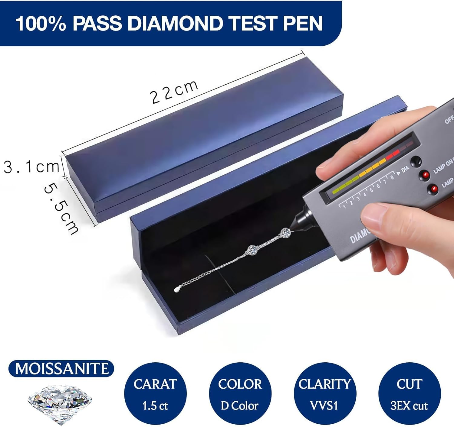 Moissanite Bracelet, Dainty 925 Sterling Silver Bracelets for Women Trendy 1.5ct Lab-Created Moissanite Diamond Charm Link Chain Bracelet Minimalist Adjustable Paperclip Cuban Cable Link Bracelets