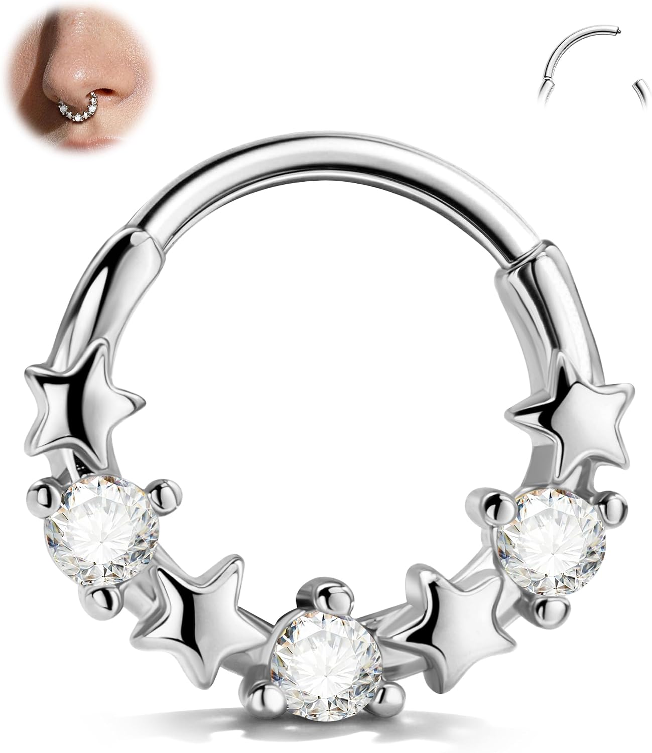 Jewseen Septum Ring 16G Star Septum Piercing Jewelry 316L Stainless Steel Helix Daith Earrings for Women 8MM 10MM Daith Piercing Jewelry Surgical Steel