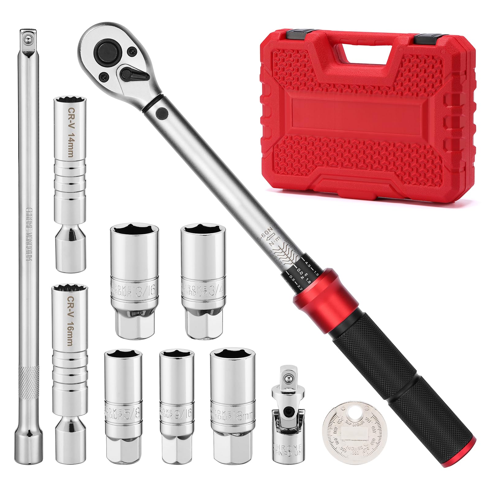 MIXPOWER 11-Piece 3/8" Dr. Spark Plug Socket Set, 6 &12-Point, with 5-60Nm Click Torque Wrench, Spark Plug Gapper, U-Joint & Extension Bar, CR-V