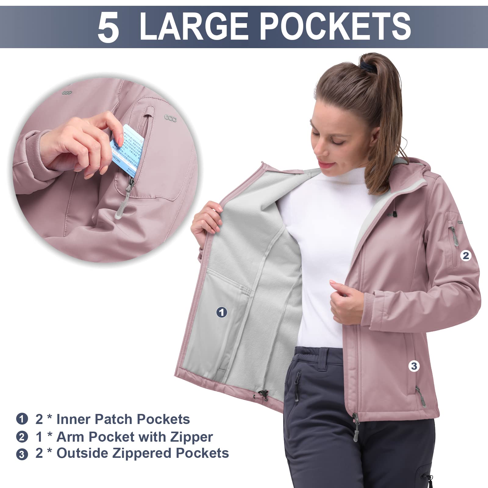 33,000ft Softshelljacke Damen Wasserdichte Atmungsaktive Warme Winterjacke Fleece Übergangsjacke Winddichte Funktionsjacke mit Kapuze