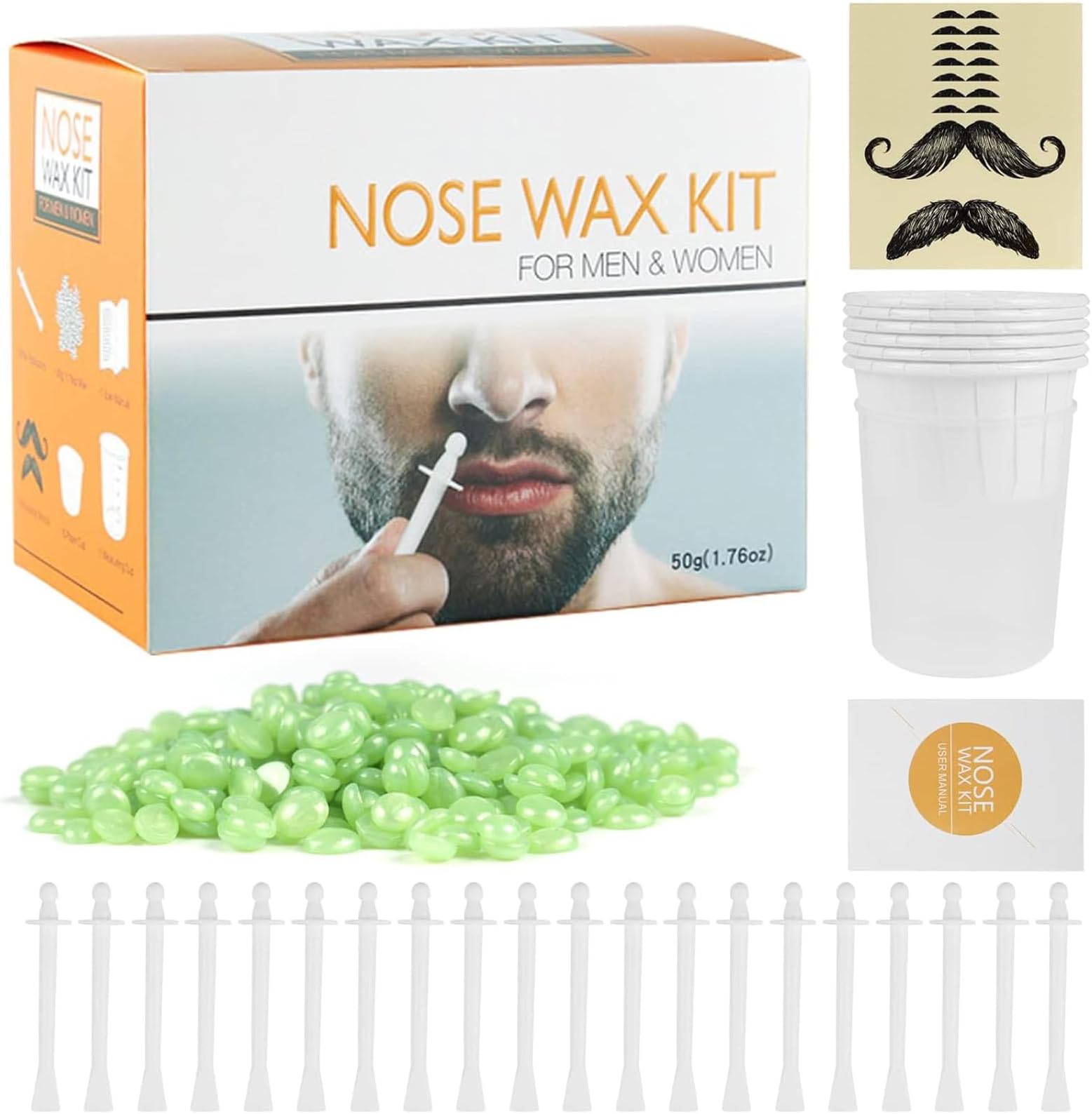 Wisfunlly Nose Wax Kit for Men Women, Nose Hair Removal Waxing Kit, Hair Removal Waxing for Nose & Ear, 50g Wax, 20 Applicators, 8 Mustache Stickers, 10 Little Cups for Removing Nose Eyebrow Hair
