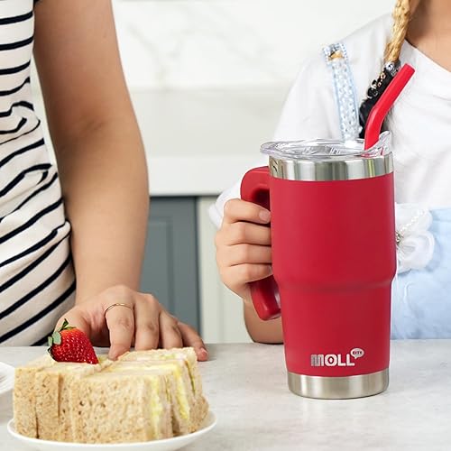 Miniatura 8 de Vaso de acero inoxidable de 16 onzas con aislamiento al vacío de doble pared con tapa y pajita, taza de viaje reutilizable para mujeres (rojo cañón)