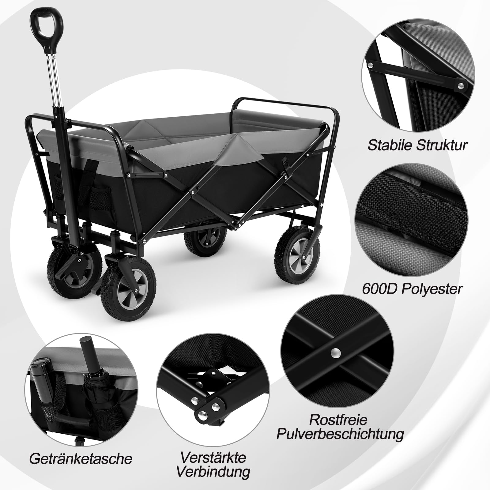 EUGAD Bollerwagen faltbar, 100 L Transportwagen mit verstellbarem Griff, tragbarer Strandwagen mit Seitentaschen, für Garten Camping Einkaufen, für alle Gelände, 180 kg belastbar, schwarz + grau